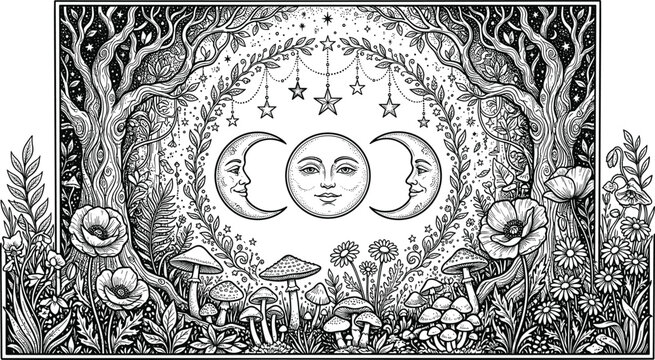 Mystical triple moon goddess engraving vector illustration featuring celestial faces magic forest trees and wild mushrooms border