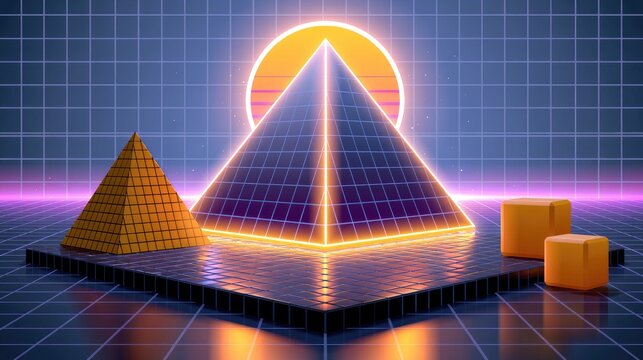 Retro 80s vaporwave landscape with neon pyramids.