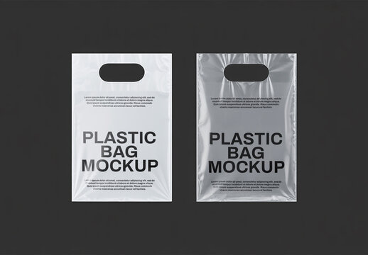 Dual Plastic Bag Mockup on Dark Background with Subtle Gloss and Wrinkles