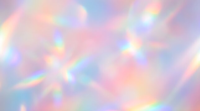 Holographic prism background with rainbow light leaks, iridescent pastel texture for creative design, ethereal crystal flare and bokeh overlay
