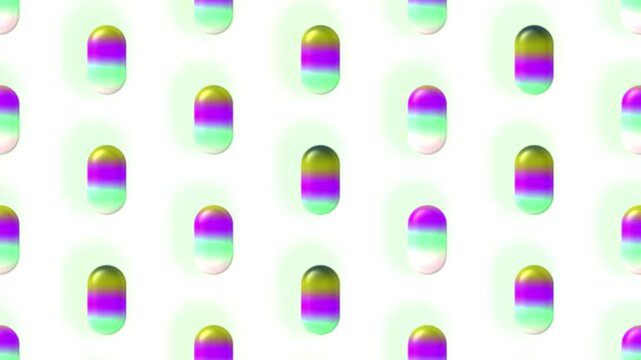 Lime and magenta glossy pills pattern on white, animated 3d capsules background, seamless looping video, 4k