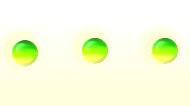 Three green glossy spheres on light yellow background, animated 3d balls, seamless looping video, 4k