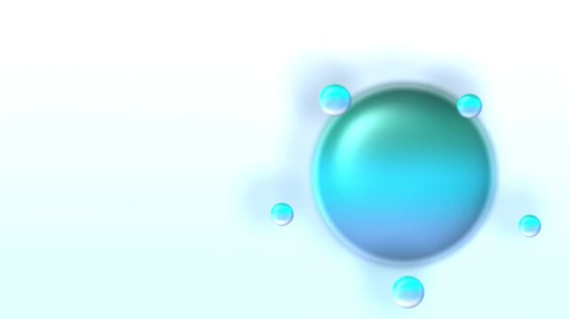Cyan glossy sphere with orbiting small orbs on white, animated 3d glowing orbs background, seamless looping video, 4k