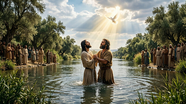 John the Baptist baptizing Jesus in the Jordan River. A dove descending from the sky. New testament holy spirit scene
