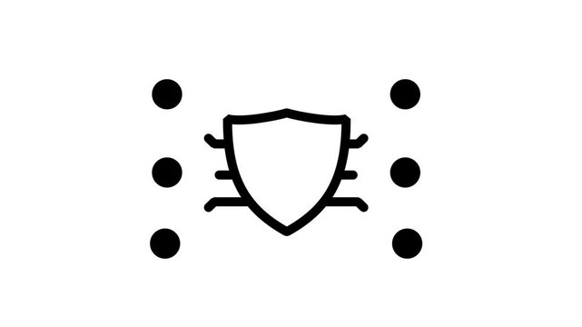 Cyber Security Shield Firewall Icon. Animated line icon depicting a protective digital firewall shield blocking incoming cyber attacks between structured computer network nodes.