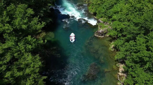 Drone View of People Rafting at &Scaron;trbački Buk Waterfall in Una National Park, Bosnia and Herzegovina