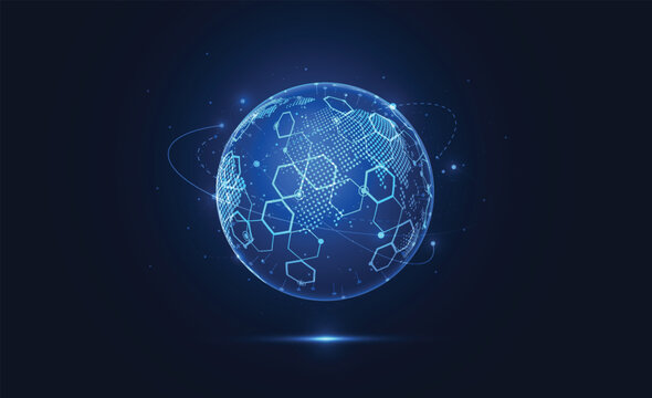 Abstract global network connection background with glowing blue 3D earth globe and hexagon mesh.