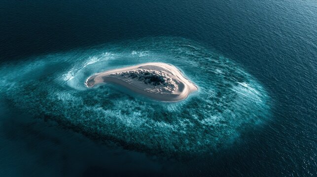 Aerial circular sandbar in deep blue ocean water.