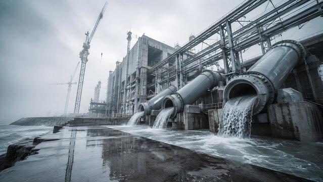 Coastal Water Discharge Facility with Large Outfall Pipes and Stormy Industrial Shoreline
