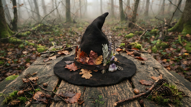 Autumn witch hat on wooden stump in misty forest