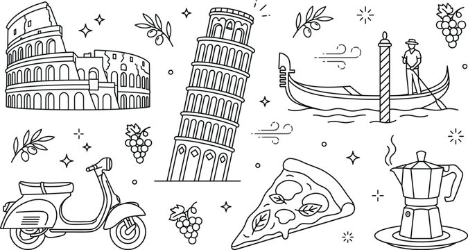 Italy travel culture and landmarks line icon set with colosseum leaning tower pisa venice gondola scooter pizza moka