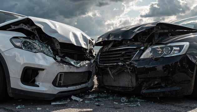 Two damaged cars with crushed front bumpers and broken headlights after collision accident