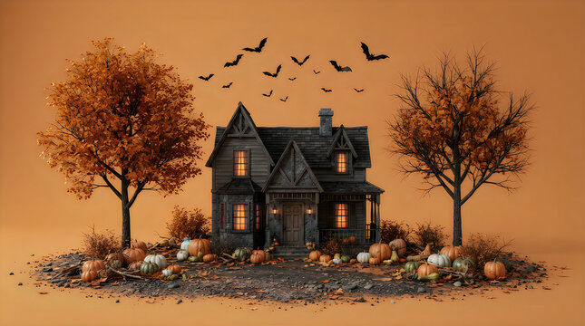 Spooky happy halloween scene haunted house with pumpkins and bats for festive fall decorations and trick or treating