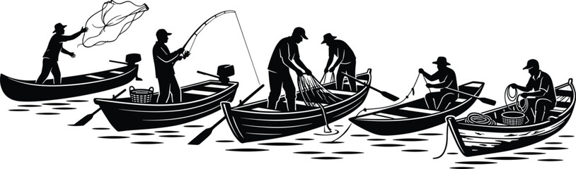 Traditional Fishing Boat Silhouette Collection Featuring Commercial Fishermen Casting Nets and Angling Activities on Water in Solid Black Vector © MstMostarina
