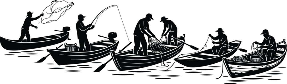 Traditional Fishing Boat Silhouette Collection Featuring Commercial Fishermen Casting Nets and Angling Activities on Water in Solid Black Vector