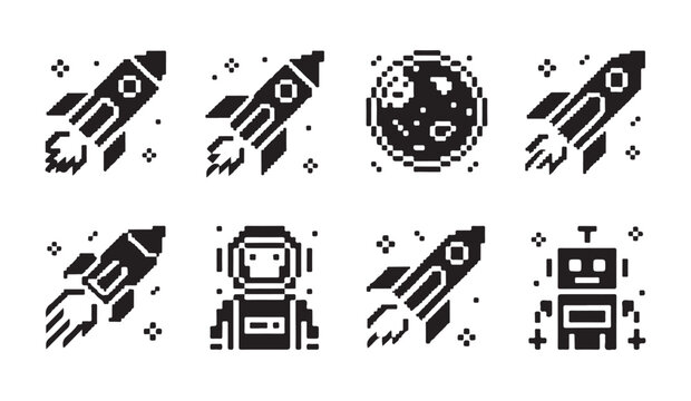 Pixel art style space icons set with rockets planet and cute robot in flat black design.