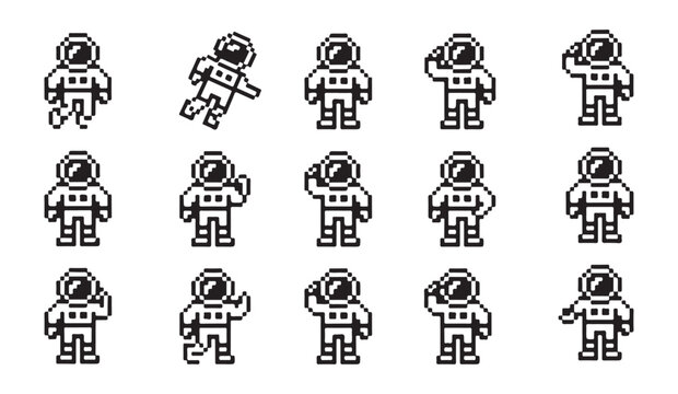 Astronaut icons set in retro pixel art style with detailed space suits and cool poses.