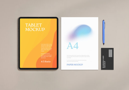 Minimal Tablet with A4 Paper and Business Card Mockup Set for Branding Presentation