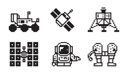 Pixel art space exploration icons featuring mars rover, satellite, lander, solar array, astronaut, robot. © MD.RAHIM