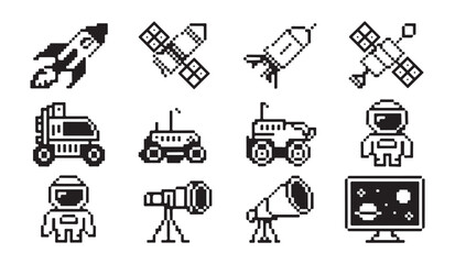 Retro pixel art space icons including rockets satellites astronauts and rovers. © MD.RAHIM