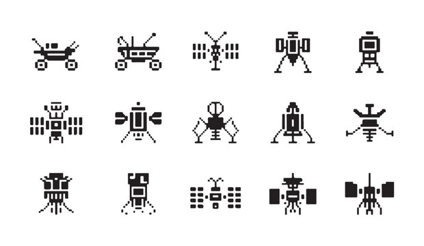 Spacecraft pixel art icons featuring mars rovers, satellites, and lunar landers on white.
