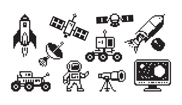Space exploration pixel art including rocket, satellite, lunar rover, astronaut, telescope, screen.