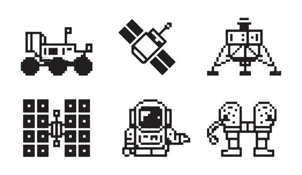 Pixel art space exploration icons featuring mars rover, satellite, lander, solar array, astronaut, robot.