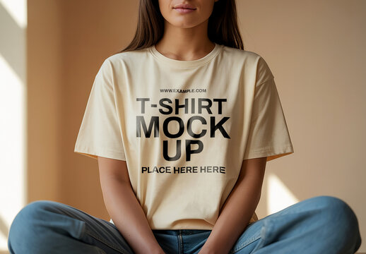 Minimal Tshirt Front Mockup on Model Sitting Neutral Light and Clean Fabric Folds