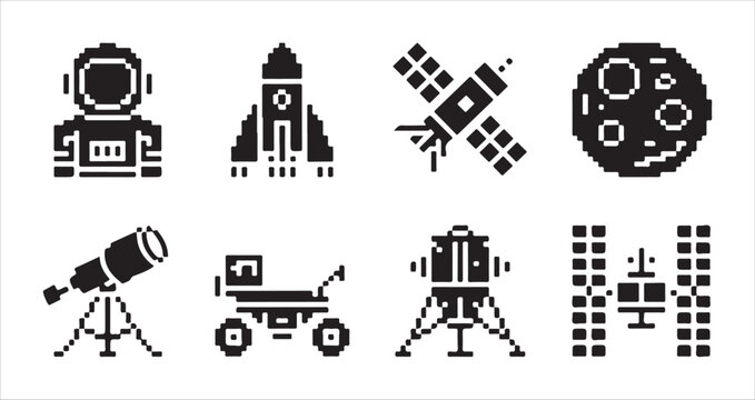 Space exploration equipment pixel art icons featuring rocket moon rover satellite station.
