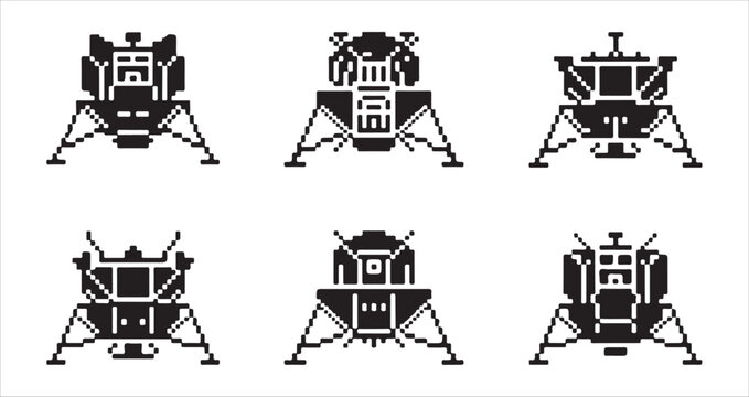 Lunar lander module pixel art icon collection for space mission and moon landing concepts.