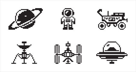Pixel art style icon set featuring saturn, astronaut, rover, lander, space station, ufo. © MD.RAHIM
