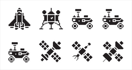 Pixel art style icon set featuring space shuttle, lunar lander, space rovers and satellites. © MD.RAHIM