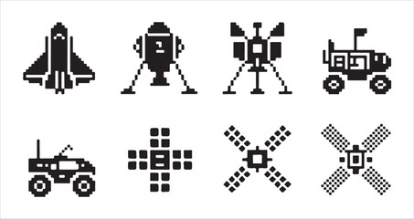 Pixel art style icon set featuring space shuttle, landers, rovers and satellites. © MD.RAHIM