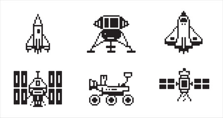 Space vehicle pixel art icons featuring shuttle lunar module rover and orbital satellite. © MD.RAHIM