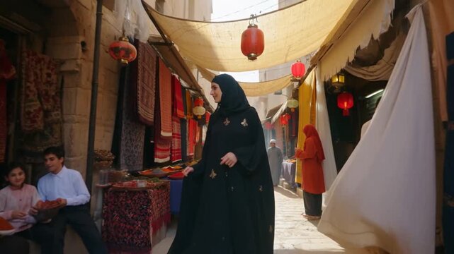 Woman in Abaya Shops for Spices in Traditional Market