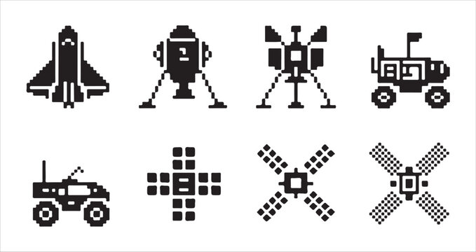 Pixel art style icon set featuring space shuttle, landers, rovers and satellites.