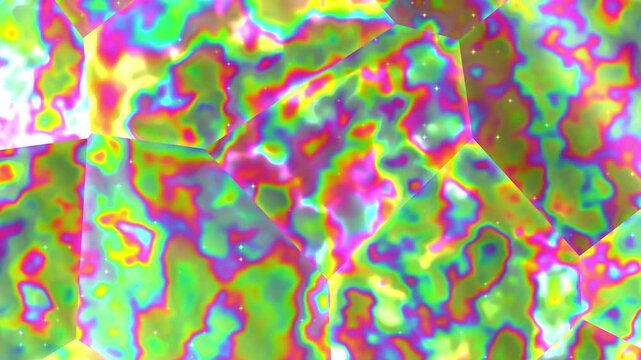 Psychedelic multicolor holographic texture, animated trippy iridescent background, seamless looping video, 4k