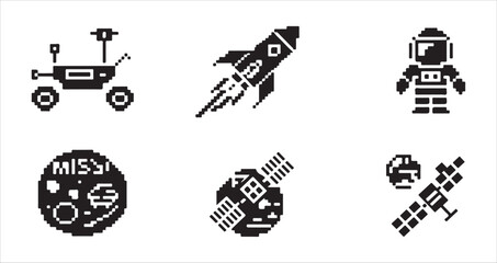 Space and science pixel art icon set with rocket astronaut satellite and rover symbols. © MD.RAHIM