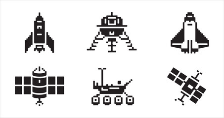 Pixel art space exploration icons set with rocket moon lander shuttle and satellite units. © MD.RAHIM