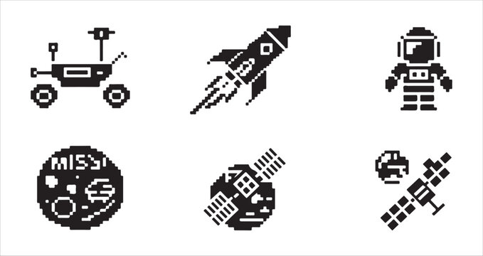 Space and science pixel art icon set with rocket astronaut satellite and rover symbols.
