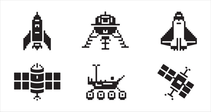 Pixel art space exploration icons set with rocket moon lander shuttle and satellite units.