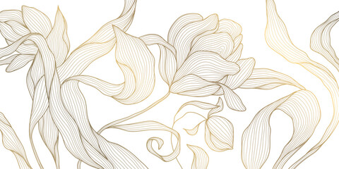Fototapeta na wymiar Luxury floral pattern with elegant golden line peonies, leaves, botanical ornament, Chinese and Japanese art. Wedding invitation, greeting card, wallpaper, packaging, banner
