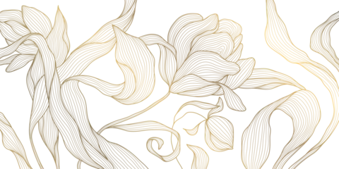 Luxury floral pattern with elegant golden line peonies, leaves, botanical ornament, Chinese and Japanese art. Wedding invitation, greeting card, wallpaper, packaging, banner © marylia17