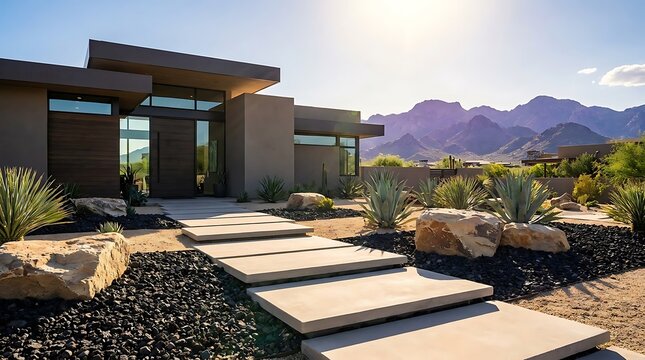 Modern luxury house with stone path and desert landscape mountains in the background. arizona front yard