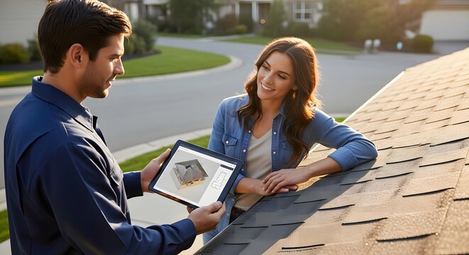 Contractor showing digital roof estimate on tablet to female homeowner outdoors.