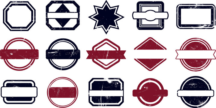 Vintage distress texture stamp frames, retro blank rubber seal labels and grunge ribbon borders vector set