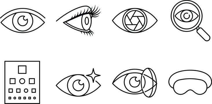 Ophthalmology and eye care line icon set with vision test chart contact lens magnifying glass aperture and sleeping mask