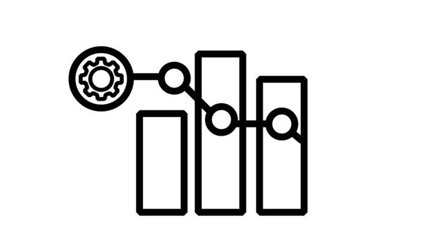 Industrial Process Analytics Graph Icon. Animated line icon showcasing a business bar graph chart linked with a mechanical gear for industrial process optimization analytics.