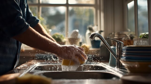 man at sink washing dishes with sponge, water foam visible, bright and clean kitchen, natural light