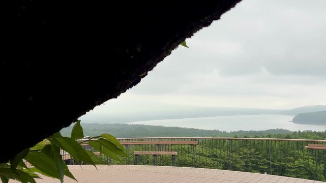 雨の日に木陰から見渡す大きな湖や山の風景